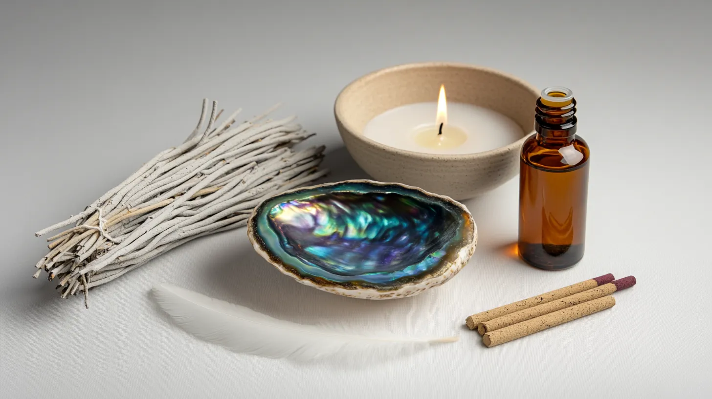 Image avec du palo santo, une bougie, de l'encens et de l'huile essentielle