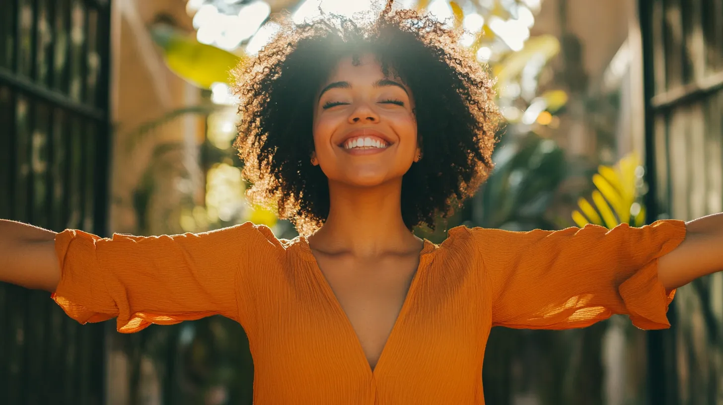 Image d'une personne heureuse, les bras ouverts, un sourire radiant sur les lèvres